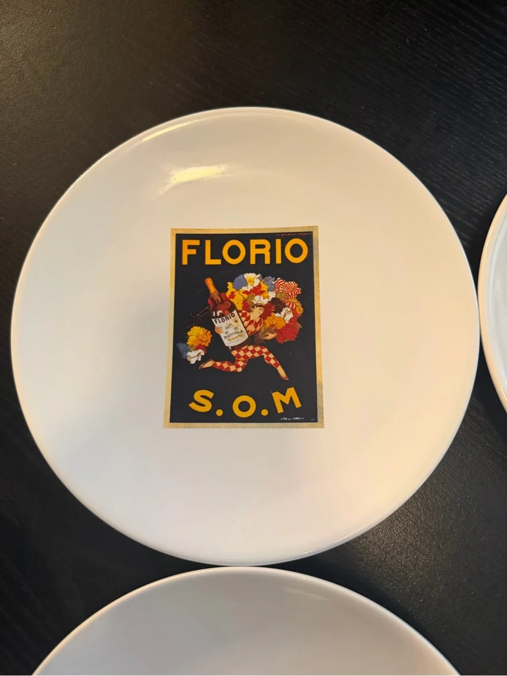 Pottery Barn White Ceramic Dessert Plates with Vintage Poster Decals - Set of 4